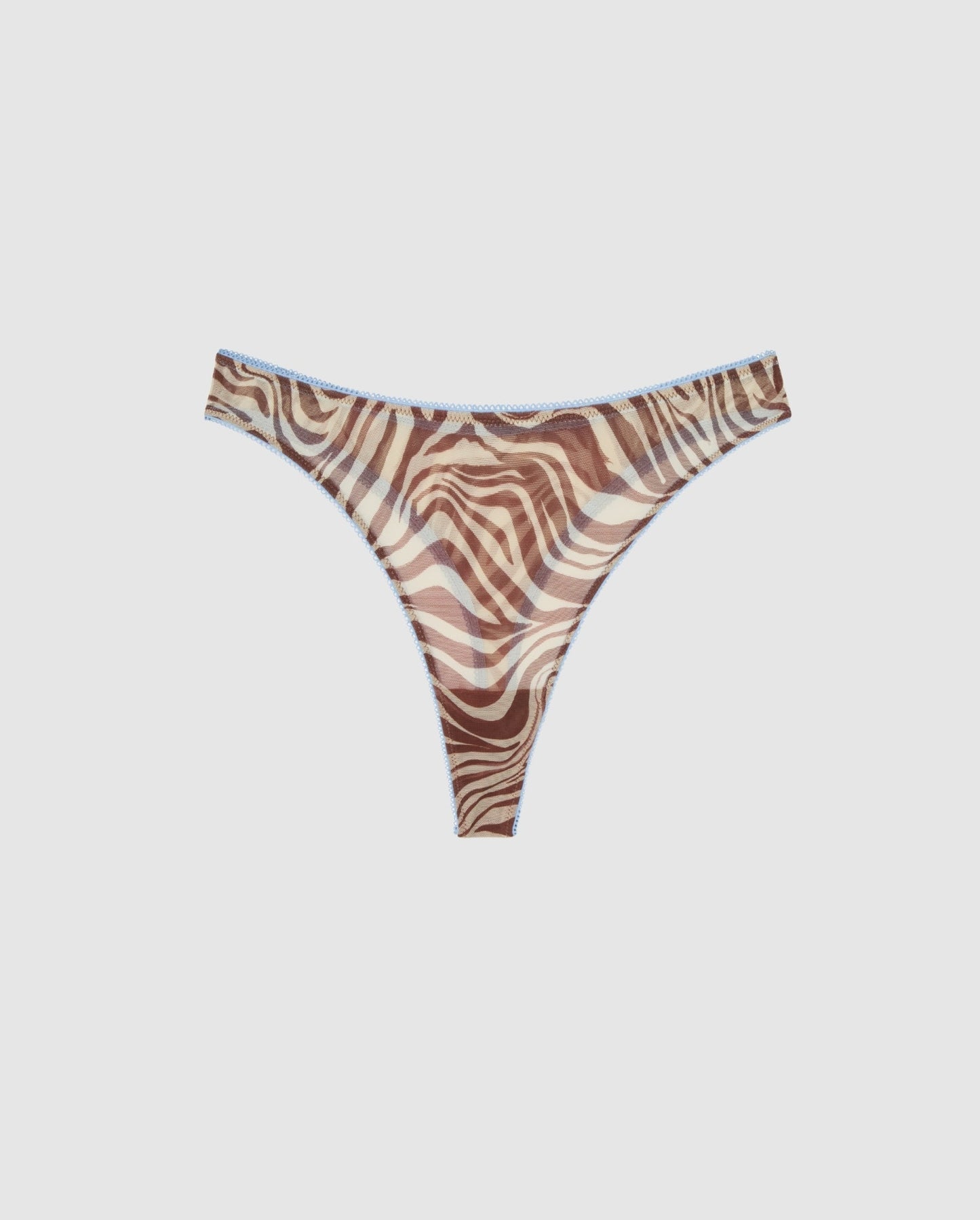 An mesh mid rise low cut panty in a zebra print.