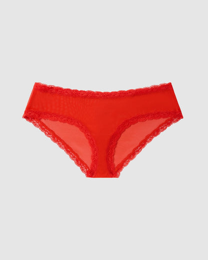 An Mesh Bikini brief with a red design and a lace trim. 