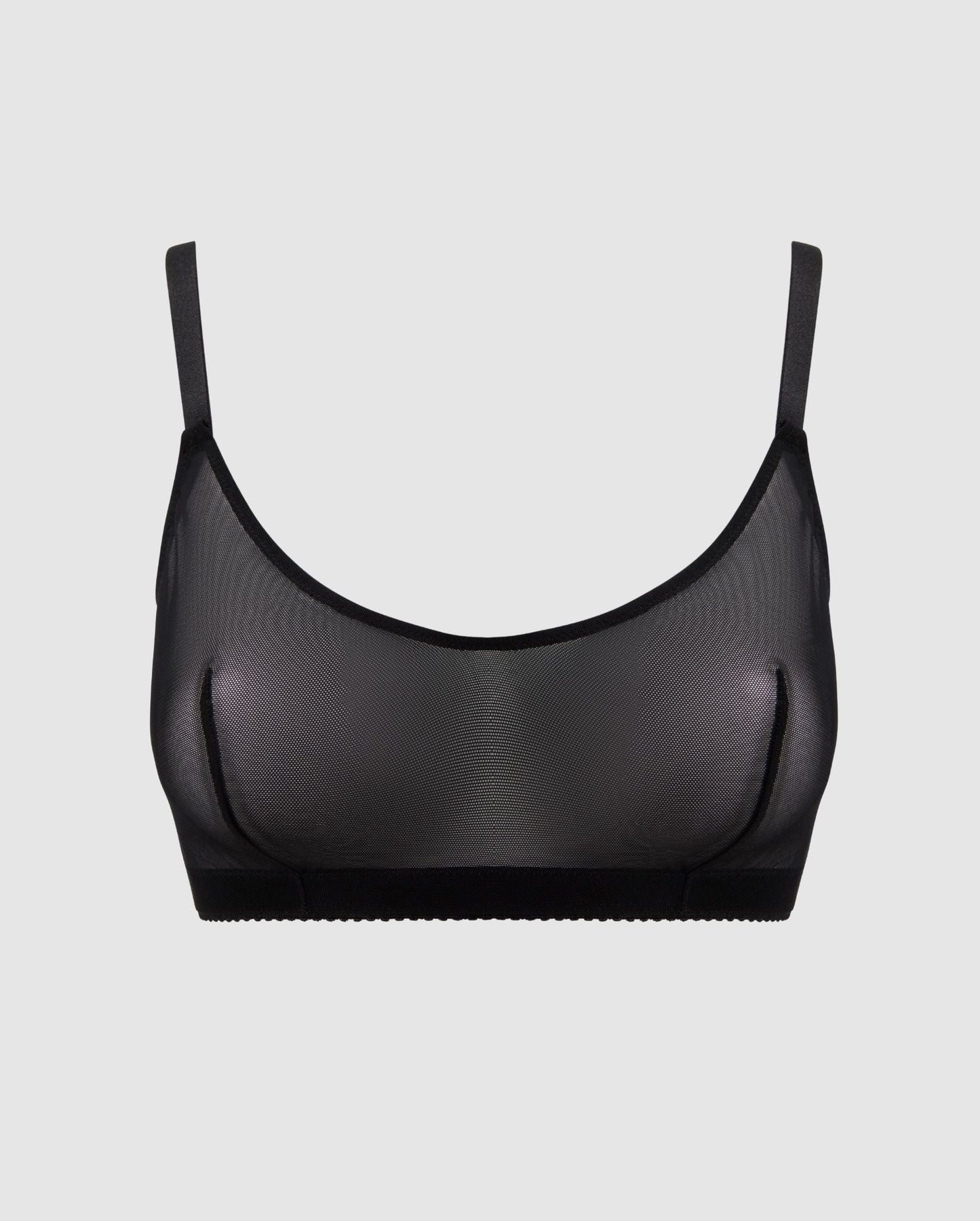 An medium cover scoop bralette with extra support in mesh with an black design.  