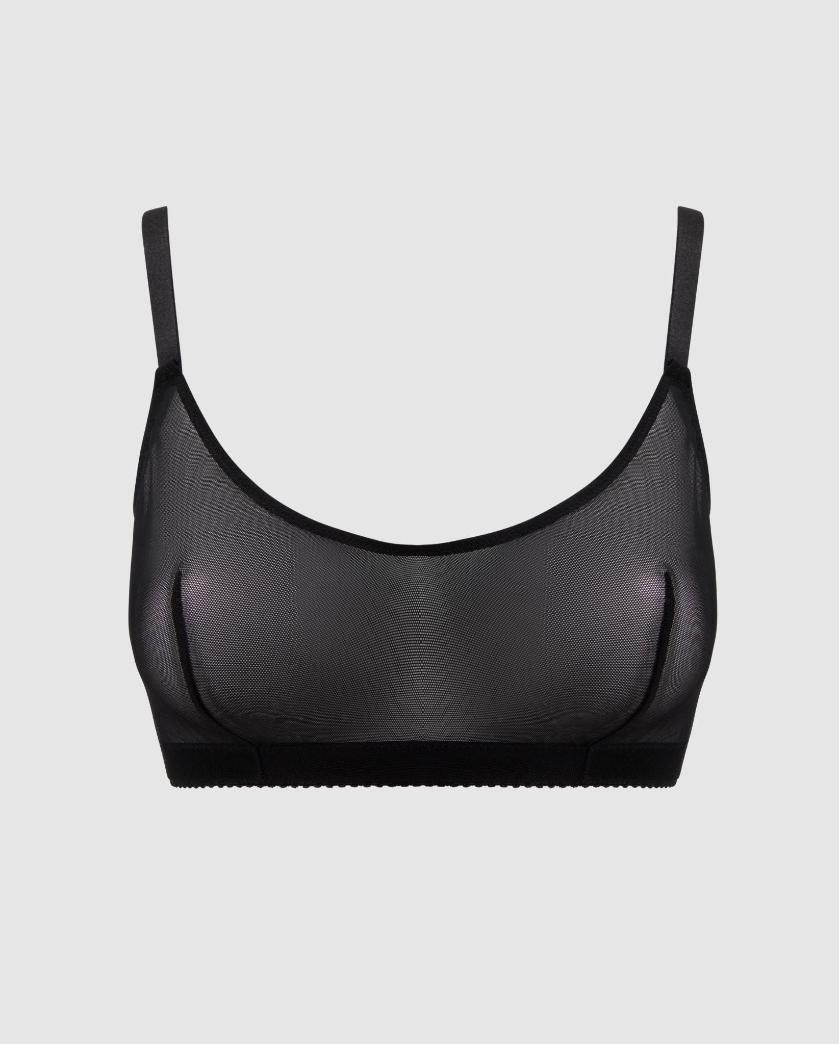 An medium cover scoop bralette with extra support in mesh with an black design.  