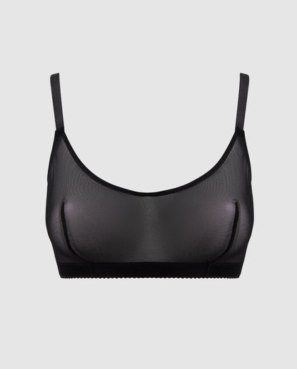 An medium cover scoop bralette with extra support in mesh with an black design.  