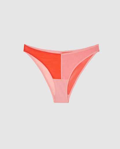 An mesh bikini brief in a fun split pink and red design.
