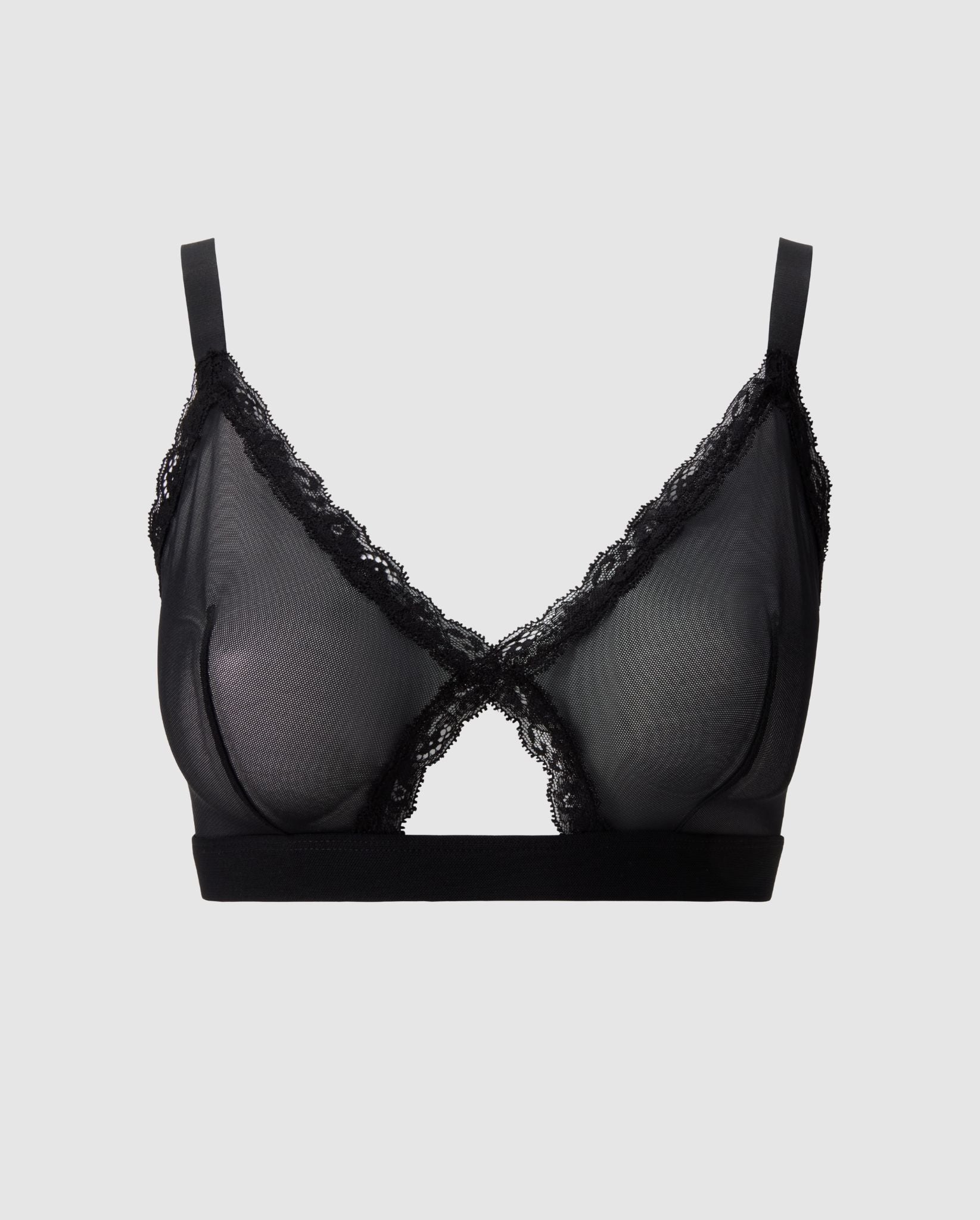 An black triangle shaped bralette in mesh and a lace trim, with an cut-out design.