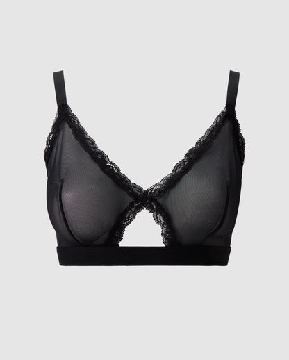 An black triangle shaped bralette in mesh and a lace trim, with an cut-out design.