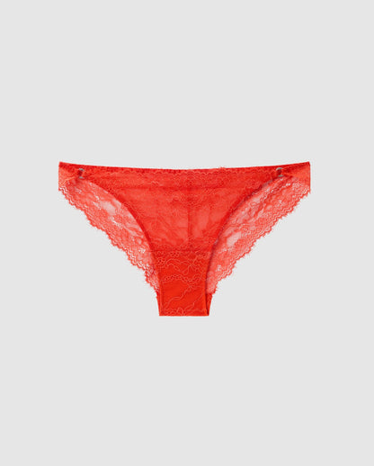 An soft lace tanga Bikini brief with a red design. 