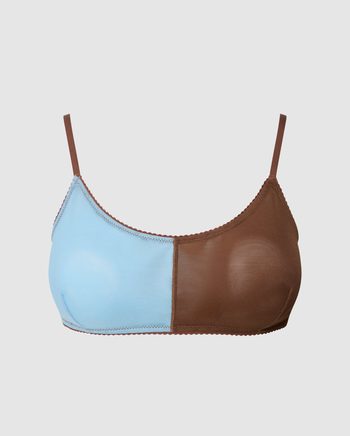 An mesh scoop bralette in a sky blue and mocha design.