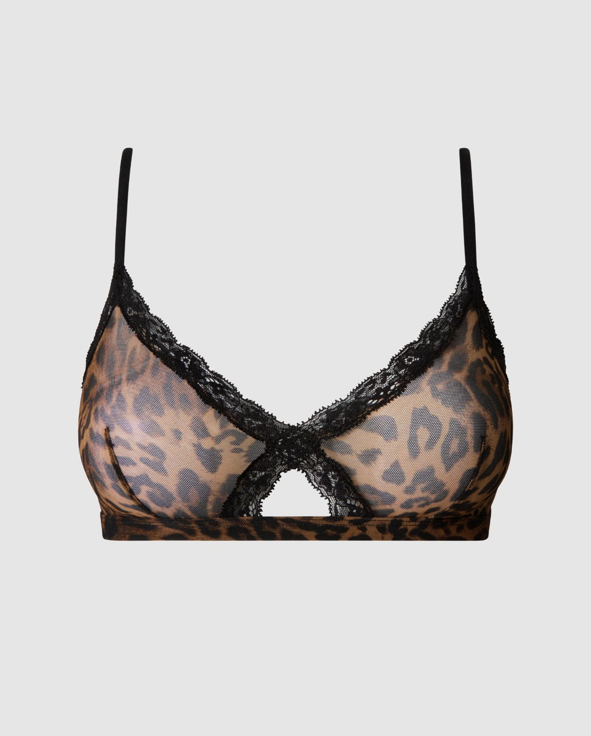 An mesh cut-out bralette in a leopard print with black lace accessories.