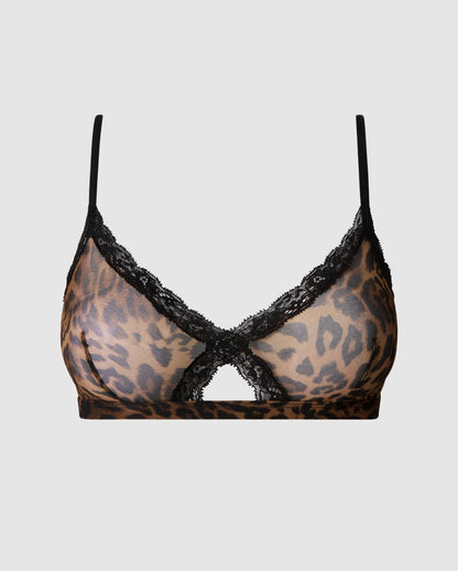 An mesh cut-out bralette in a leopard print with black lace accessories.