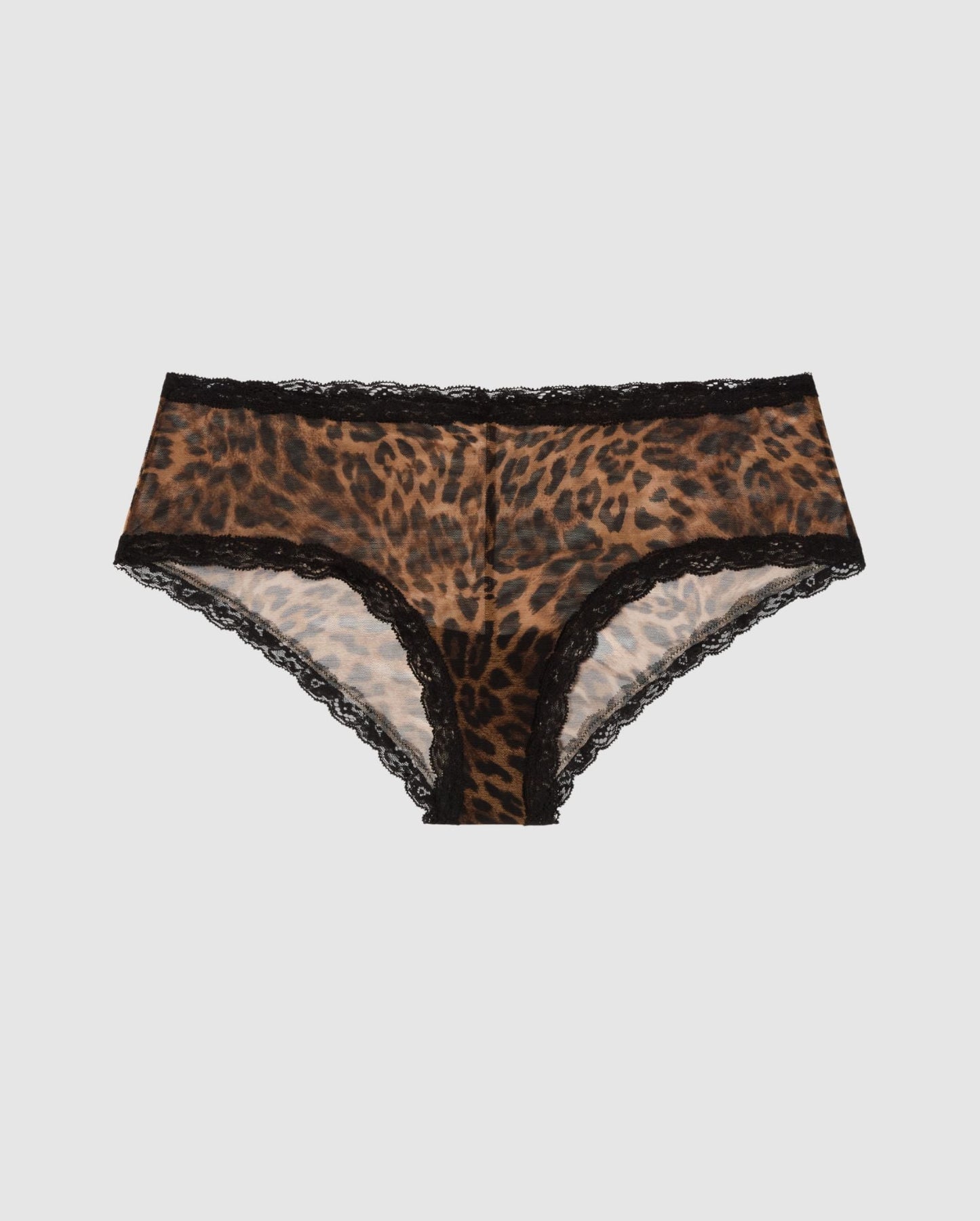 An mesh hipster in leopard print with black lace trim.