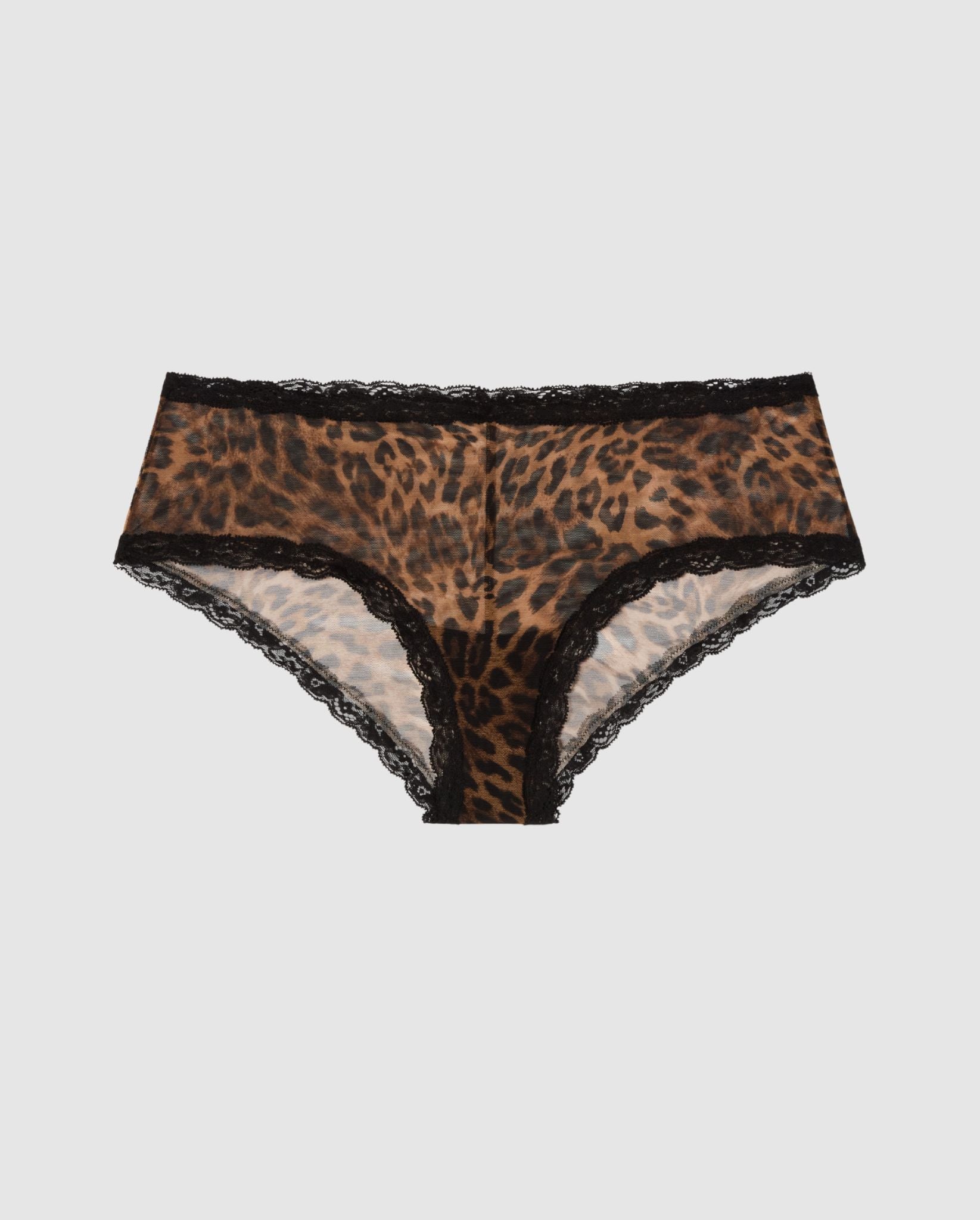 An mesh hipster in leopard print with black lace trim.