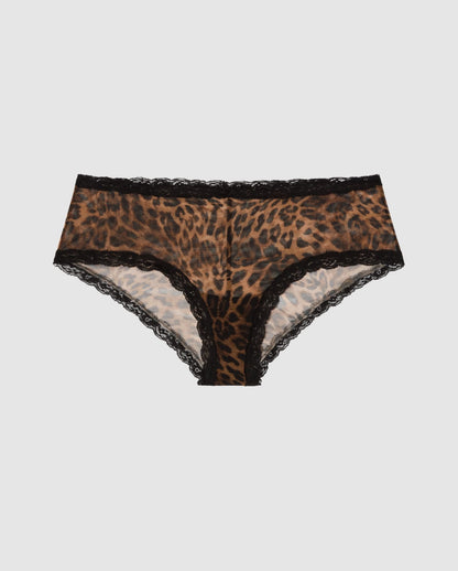 An mesh hipster in leopard print with black lace trim.