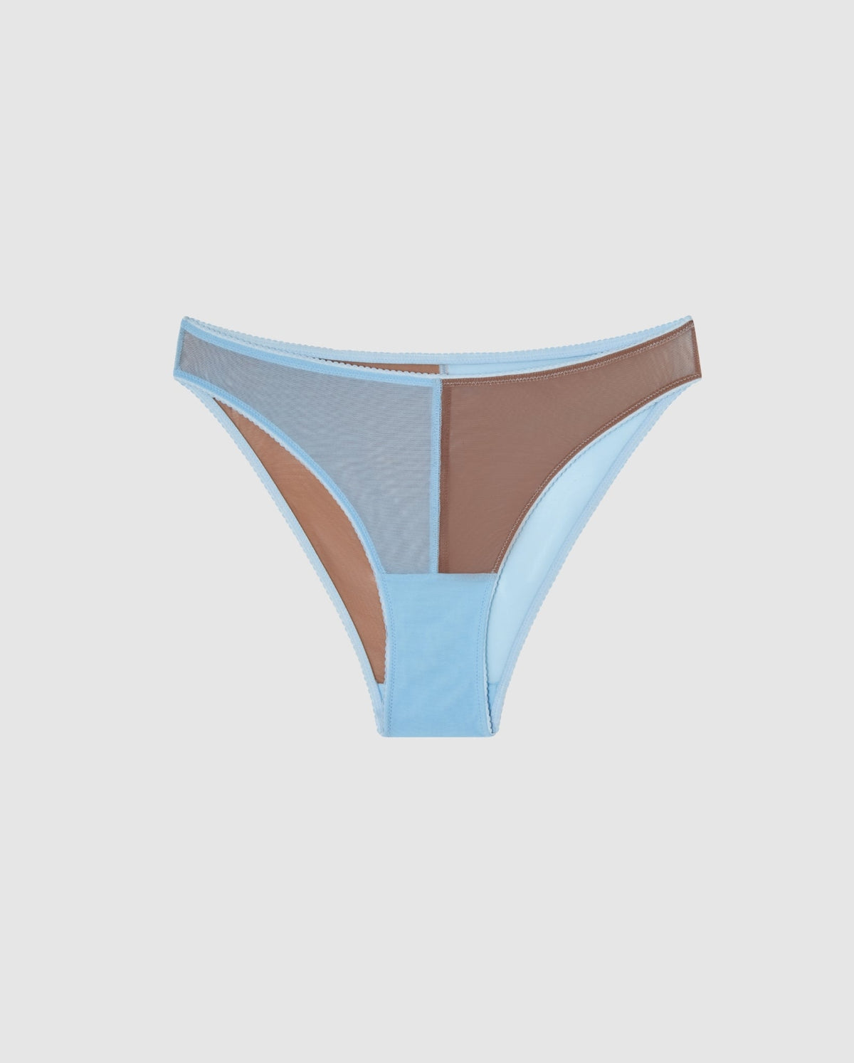 An mesh bikini brief in a fun split blue and mocha design.