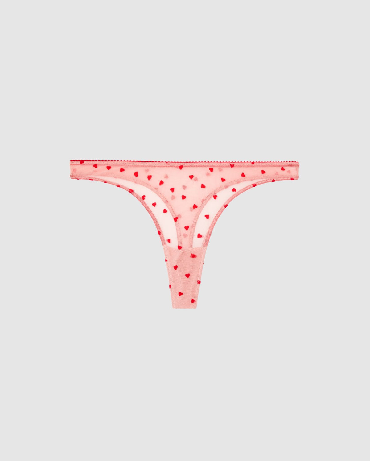 An mid ride high cut panty in pink with red hearts.