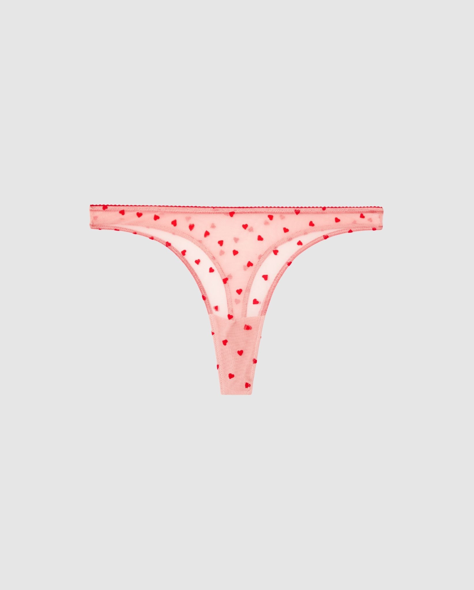 An mid ride high cut panty in pink with red hearts.