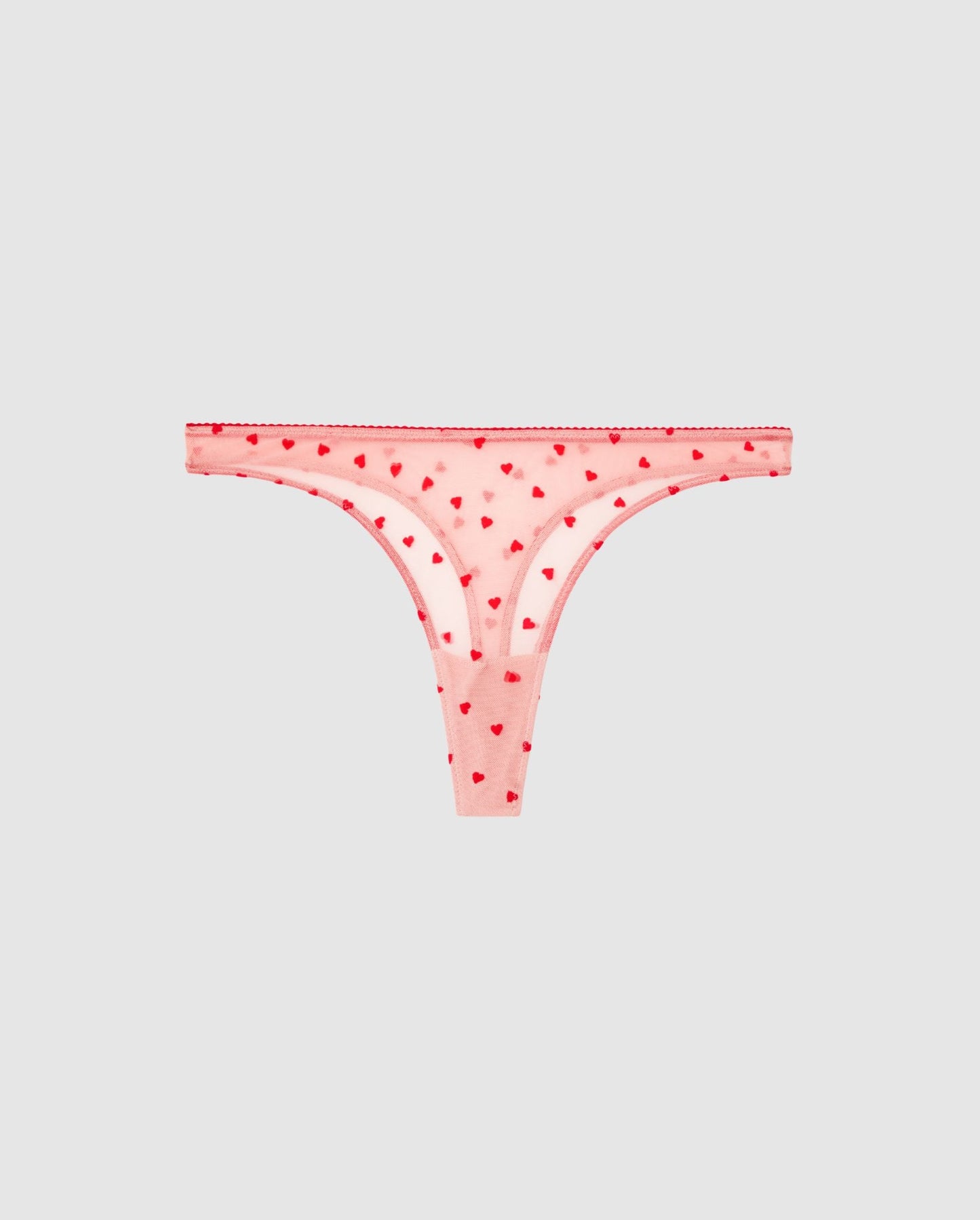An mid ride high cut panty in pink with red hearts.