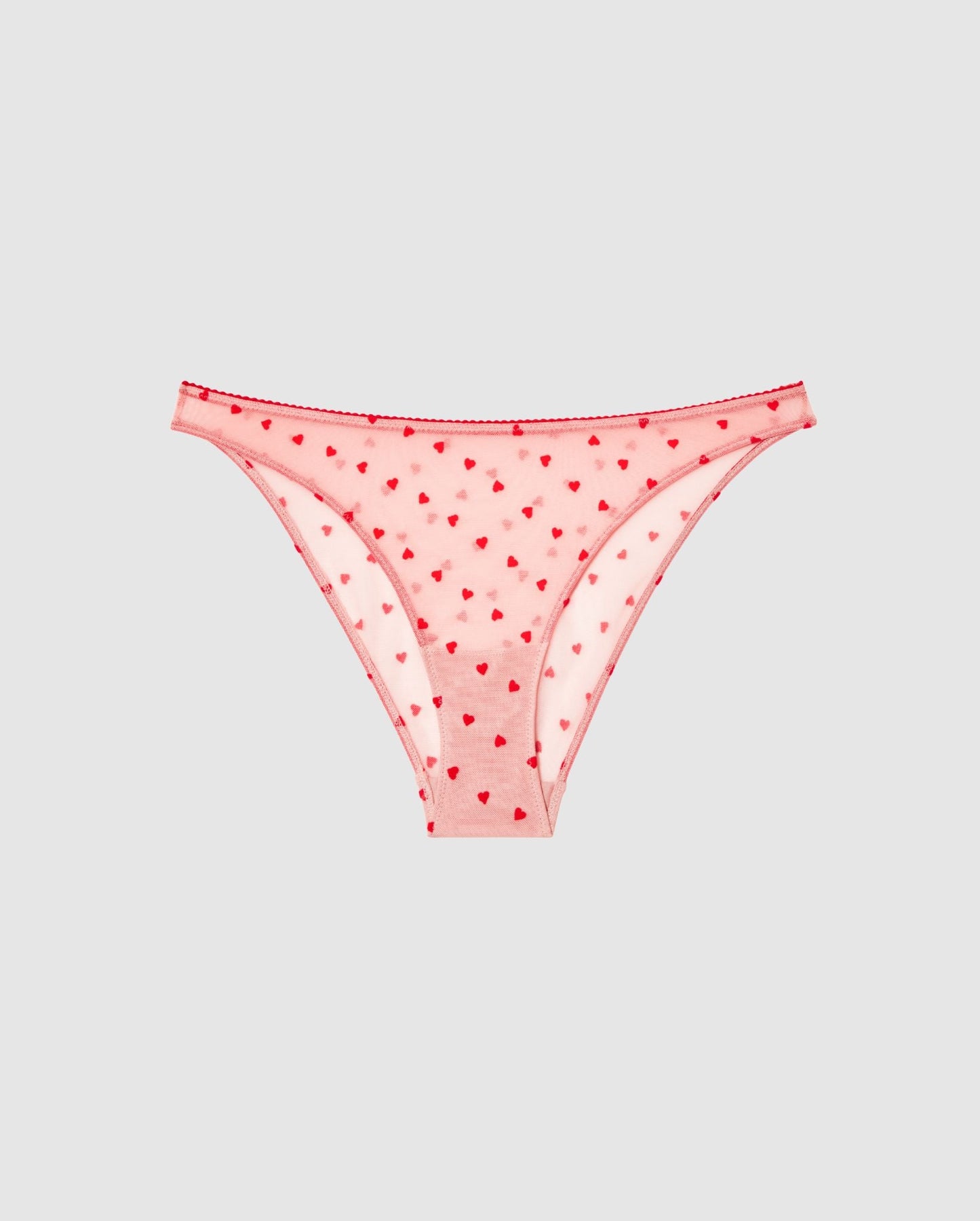 An mesh bikini briefs in pink with red hearts.