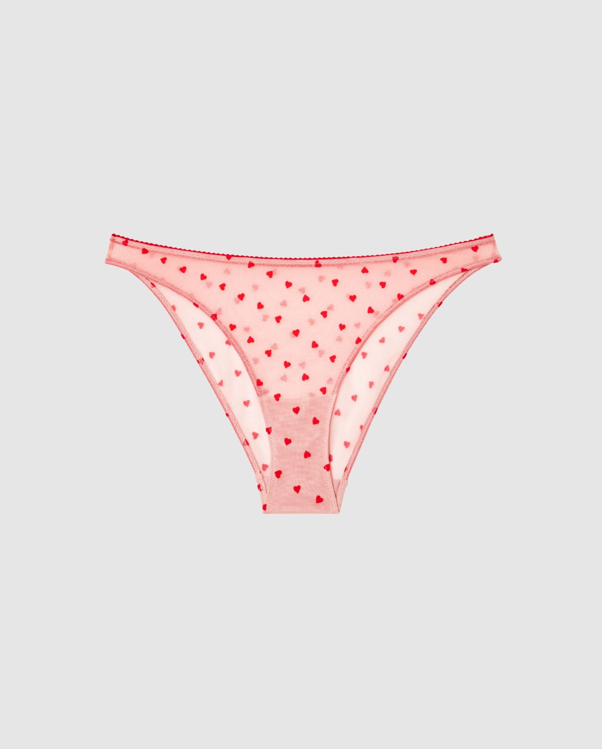 An mesh bikini briefs in pink with red hearts.