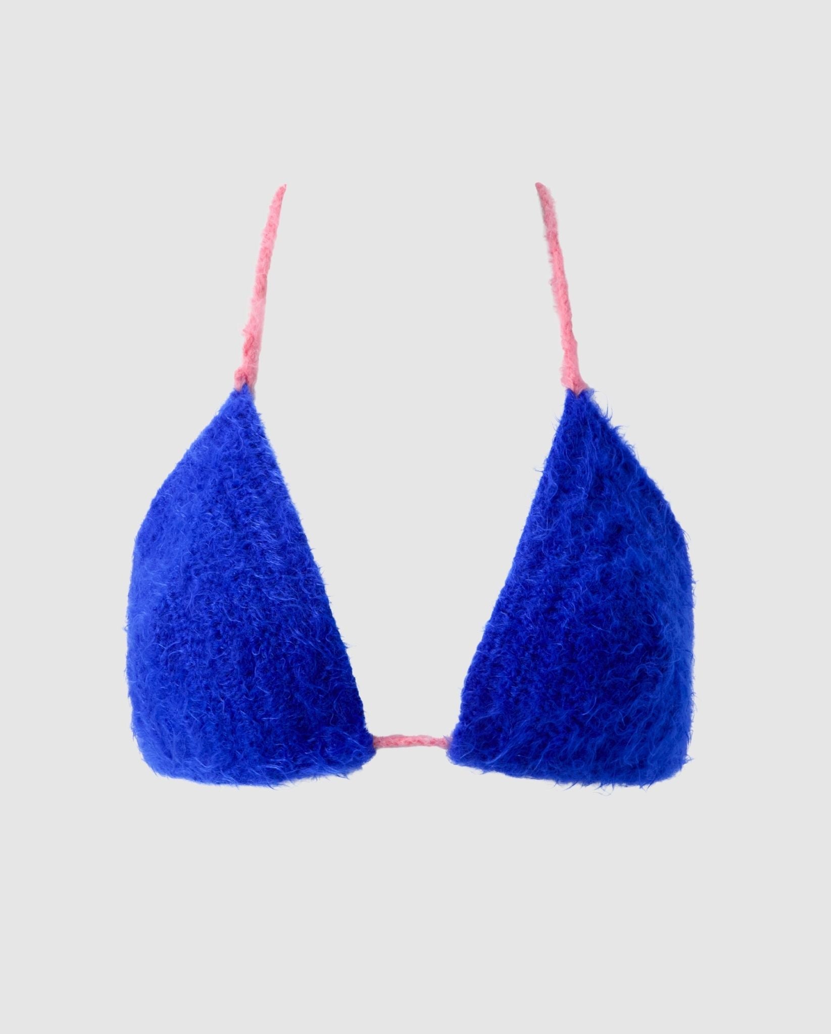 An knitted triangle bralette in electric blue.