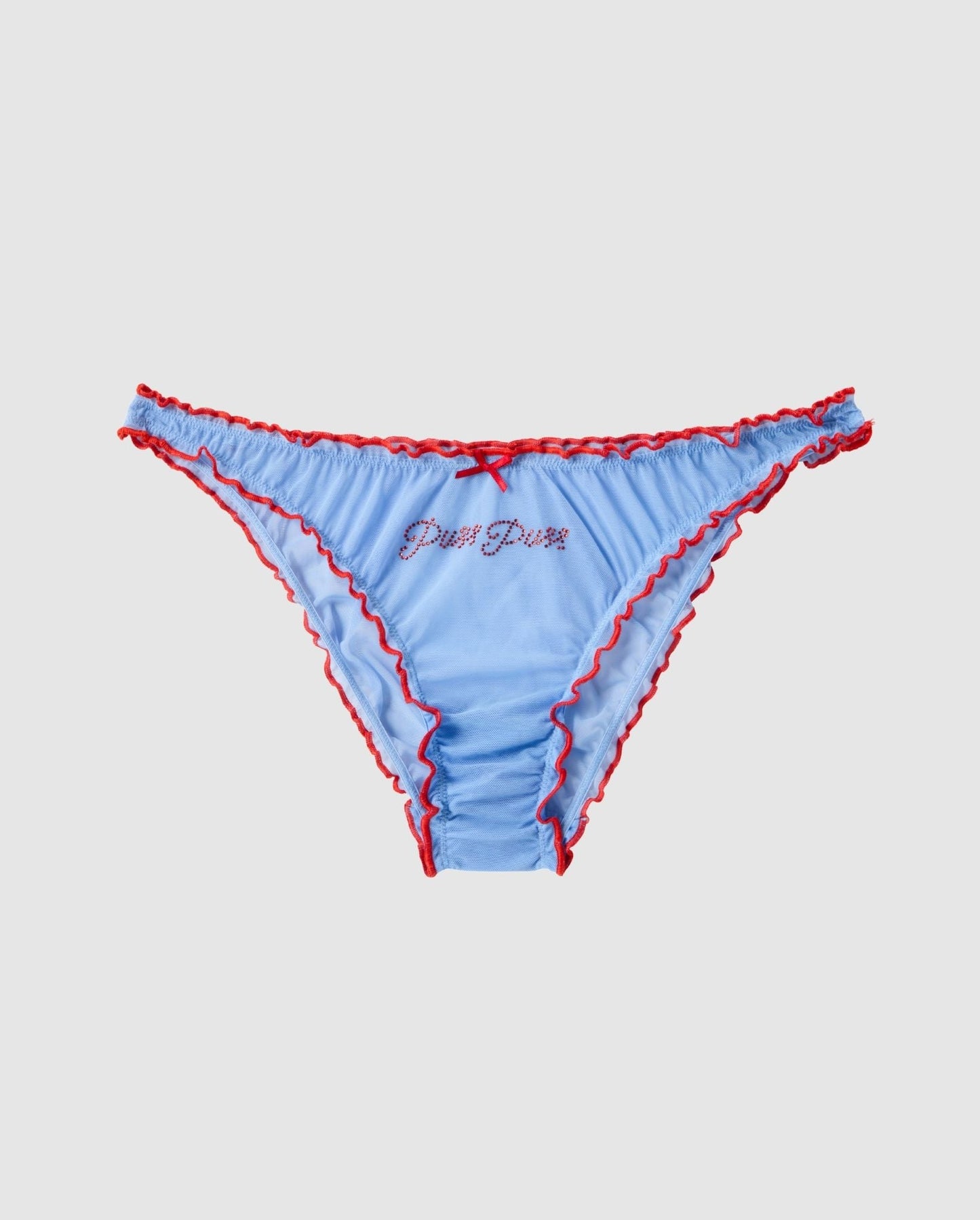 An ruffled bikini brief in blue mesh with red accessories.