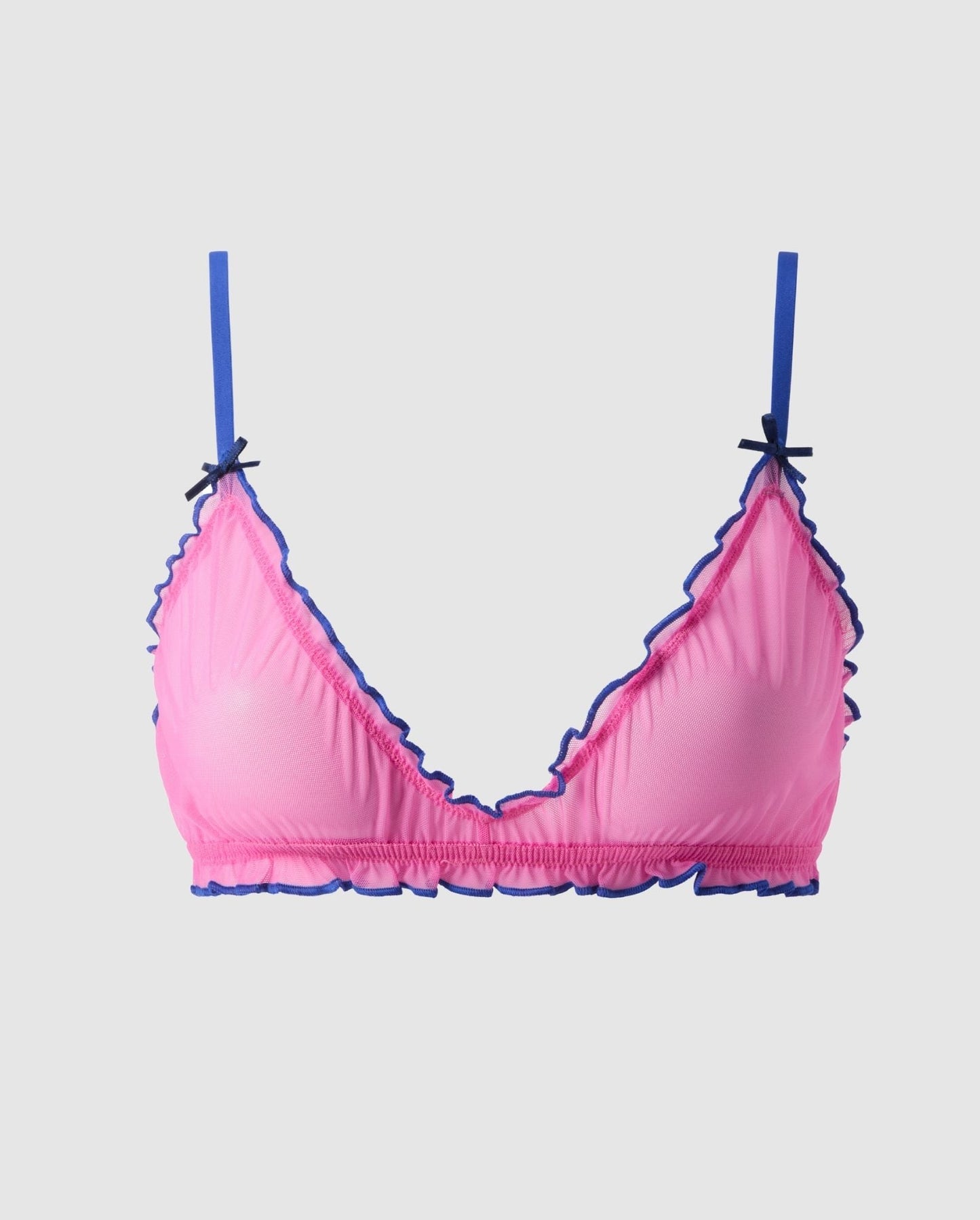 An mesh ruffled triangle bralette in candy pink with blue accessories.