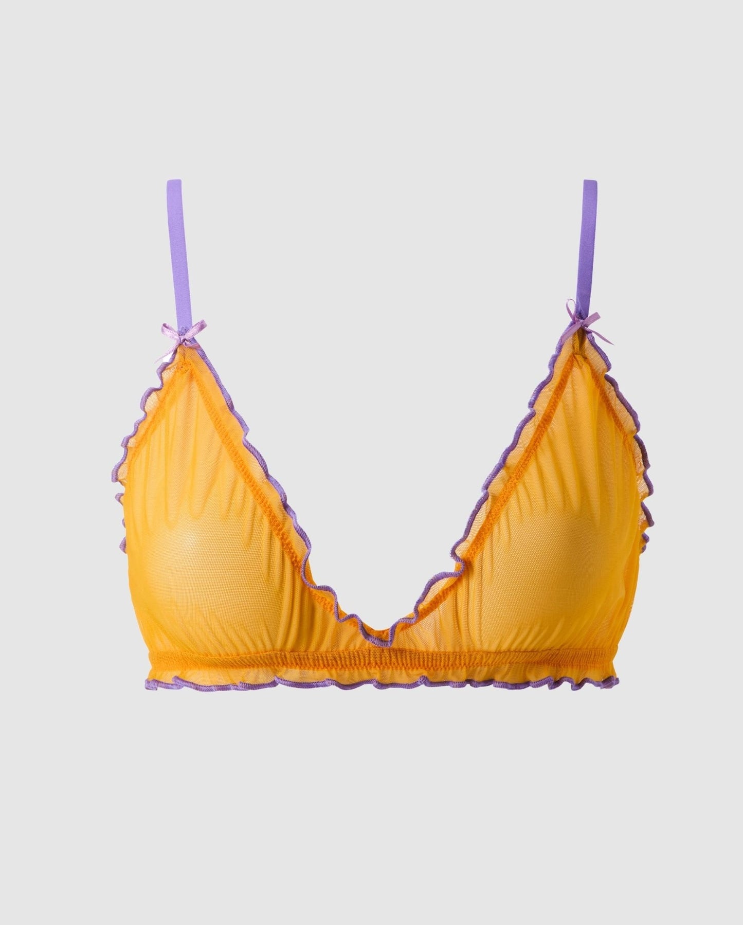 An mesh ruffeld triange blralette in the color mustard.