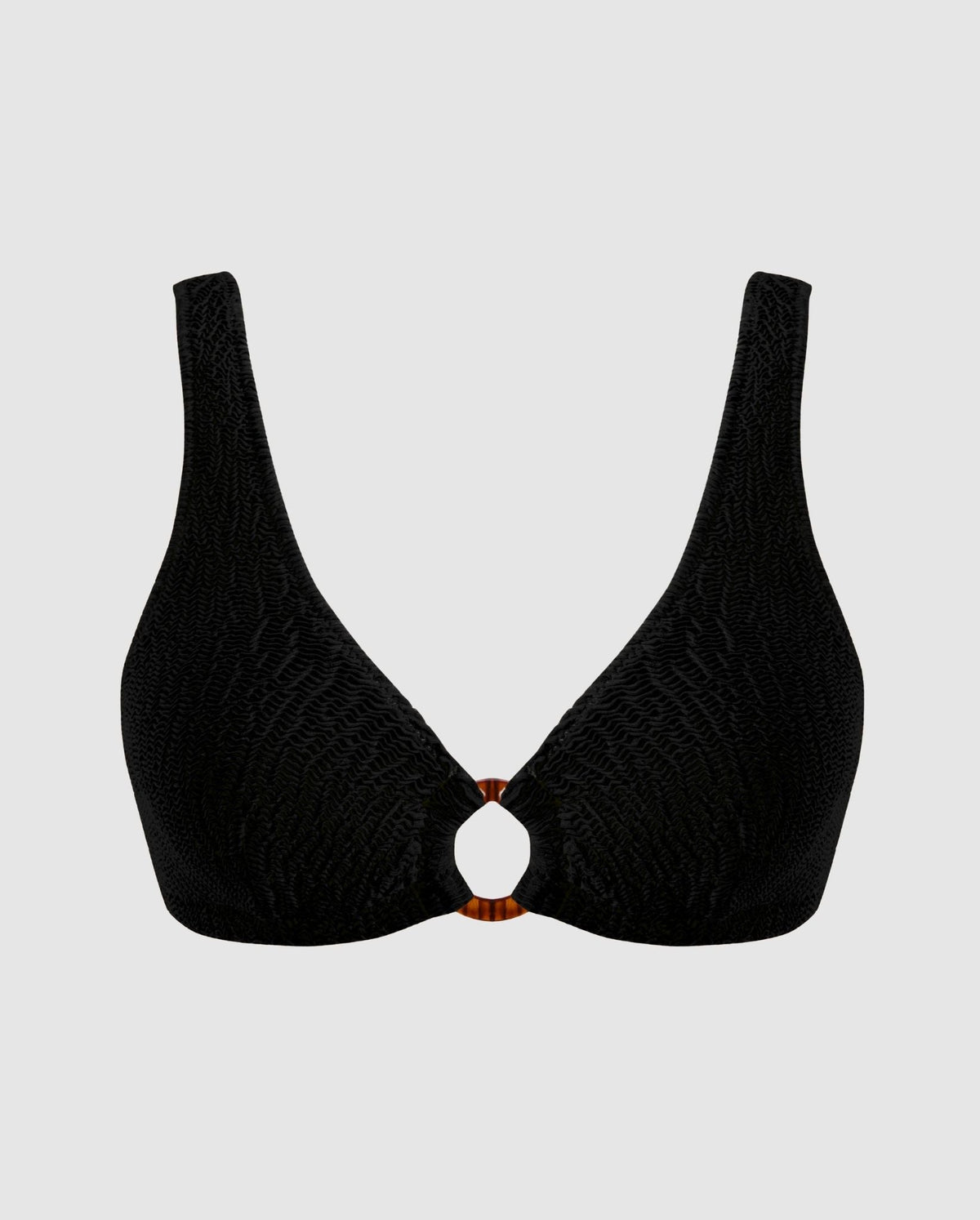 A bikini top in black with a ring cut-out.