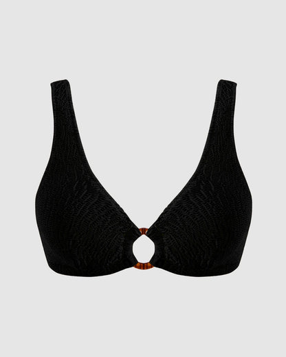 A bikini top in black with a ring cut-out.