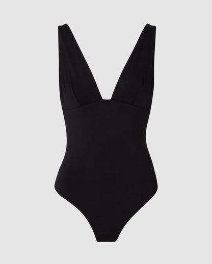 An plunge swimsuit in black. 