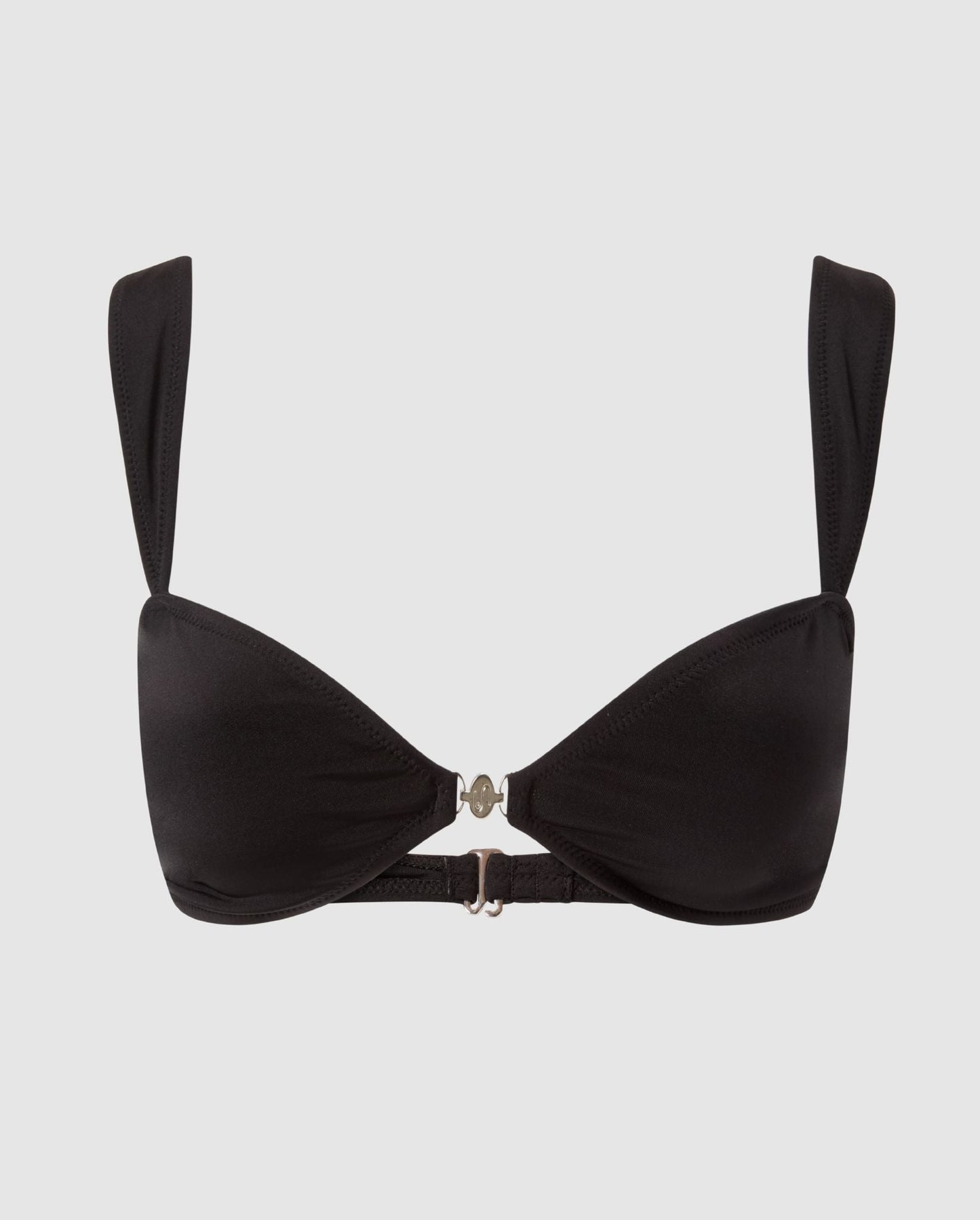 An balconette bikini top in black.