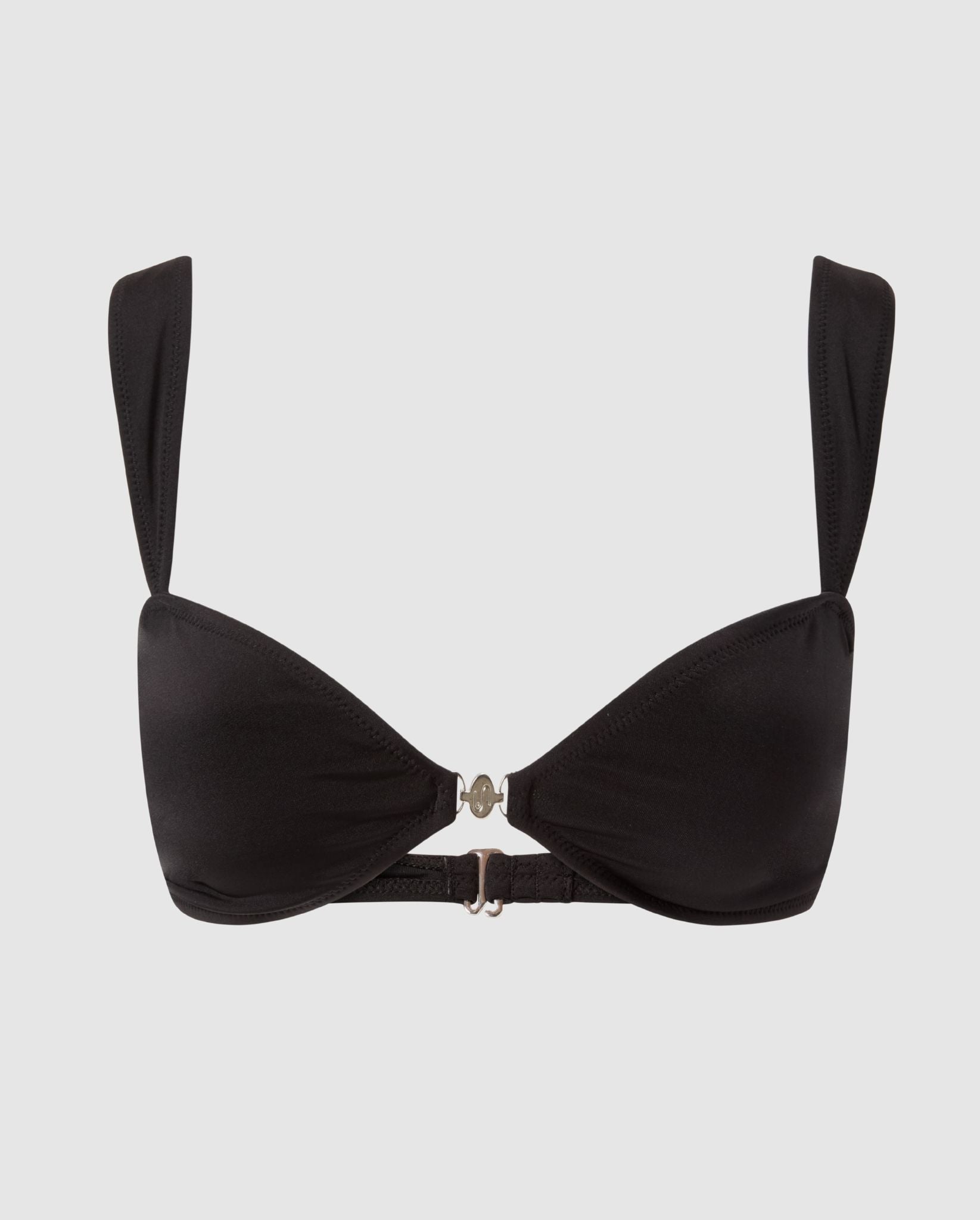 An balconette bikini top in black.