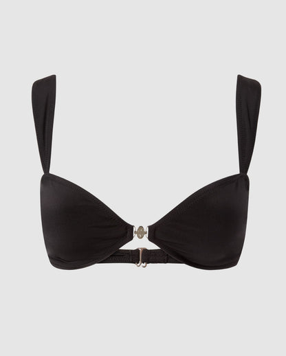 An balconette bikini top in black.