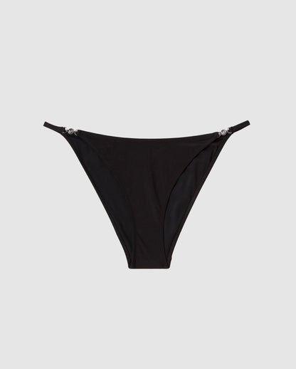An tanga bikini bottom in black.