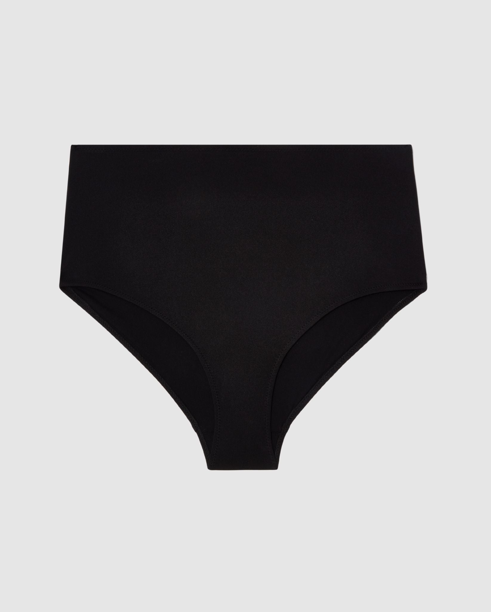 An high-waist bikini bottom in black.