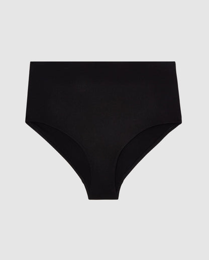 An high-waist bikini bottom in black.