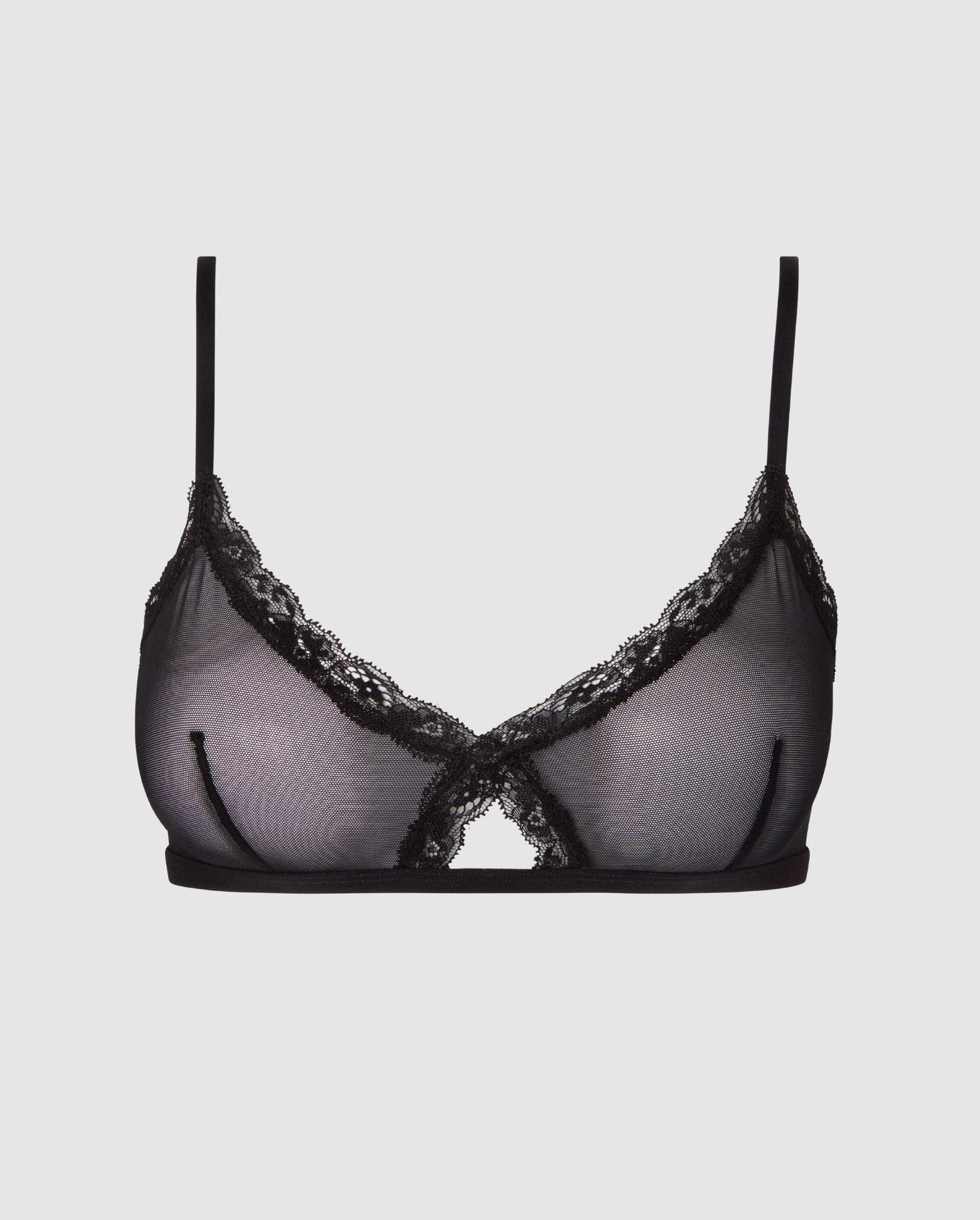 An red, triangle shaped bralette in mesh with a cut-out design and a lace trim.