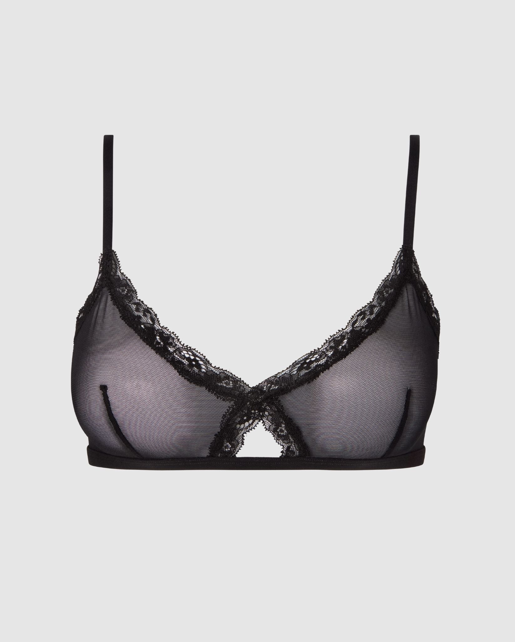 An red, triangle shaped bralette in mesh with a cut-out design and a lace trim.