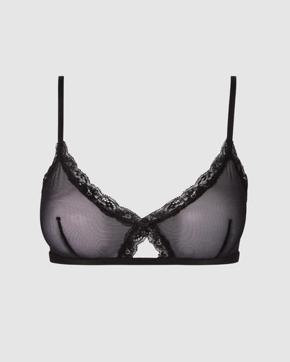 An red, triangle shaped bralette in mesh with a cut-out design and a lace trim.