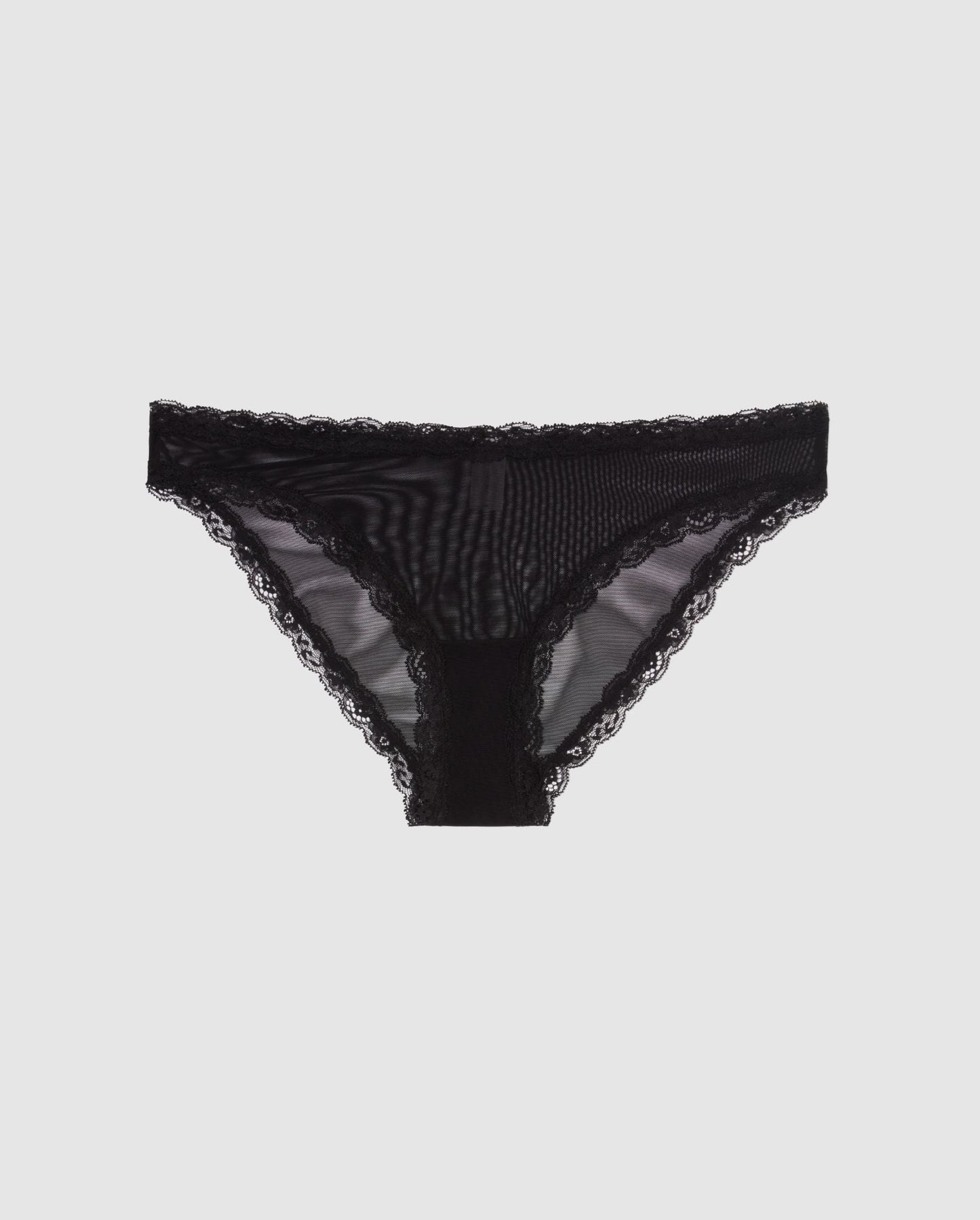 An Mesh Bikini brief with lace trim in a black design. 