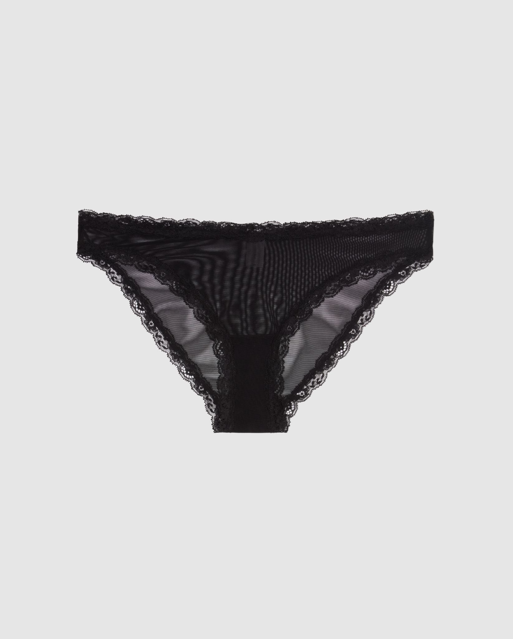 An Mesh Bikini brief with lace trim in a black design. 