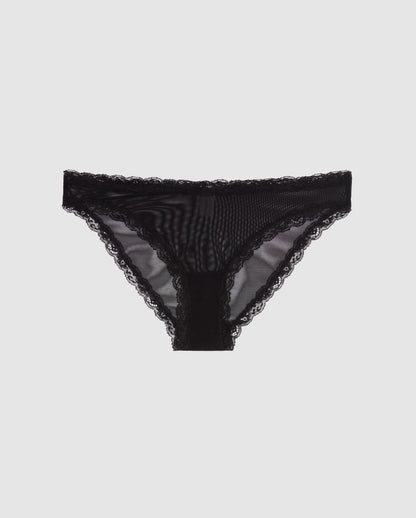 An Mesh Bikini brief with lace trim in a black design. 