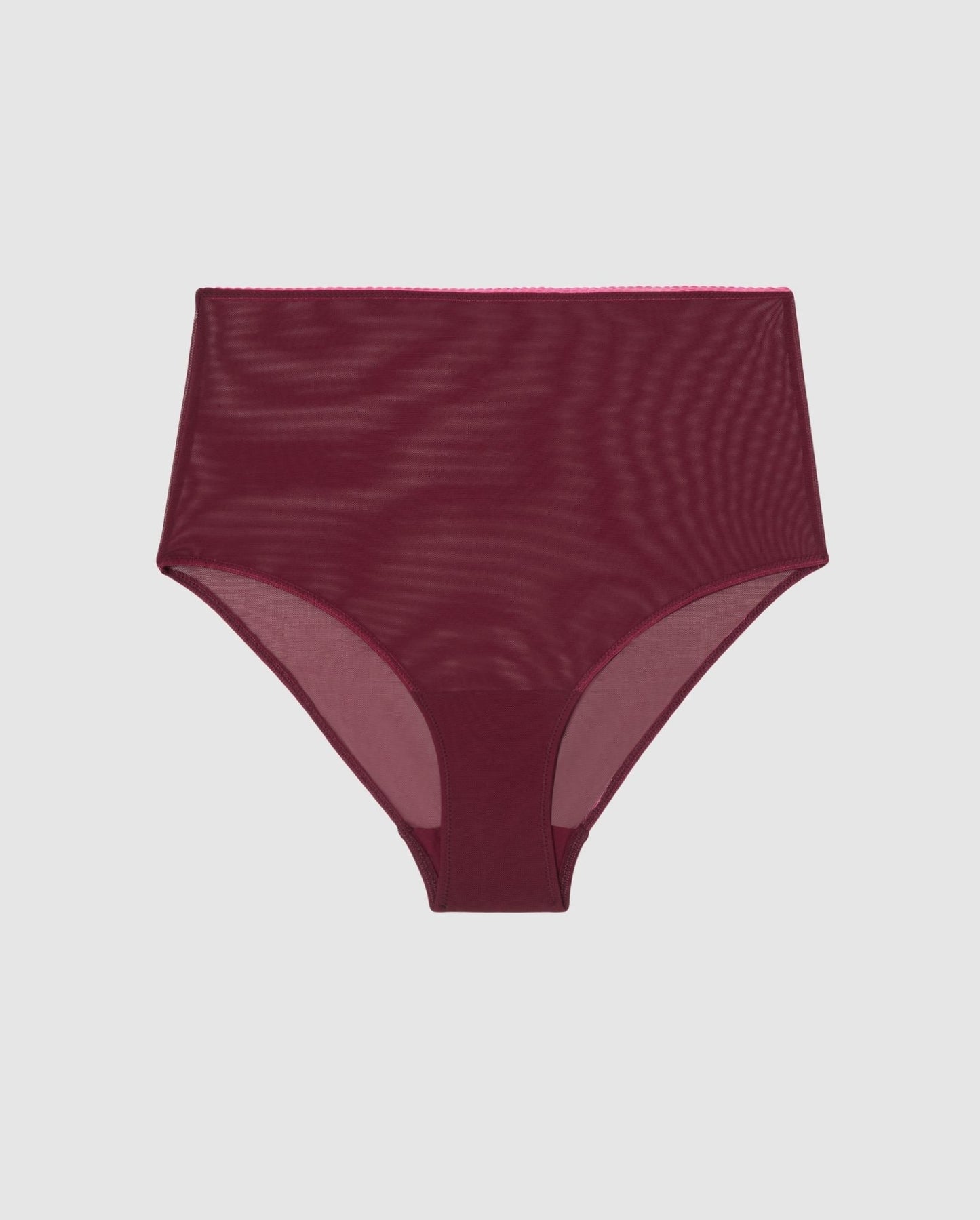 An highwaist brief in burgundy red mesh with pink trim.