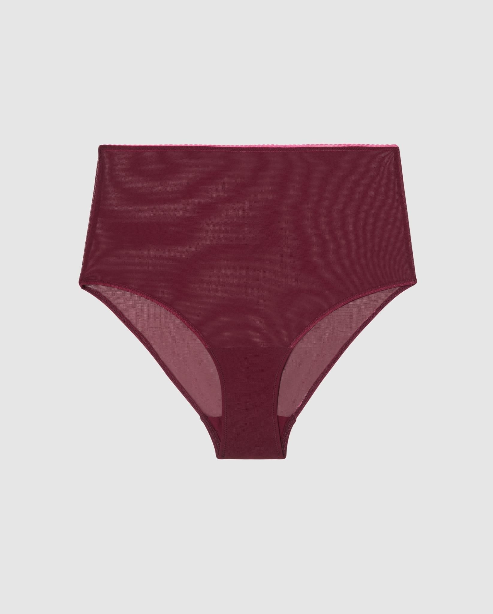 An highwaist brief in burgundy red mesh with pink trim.