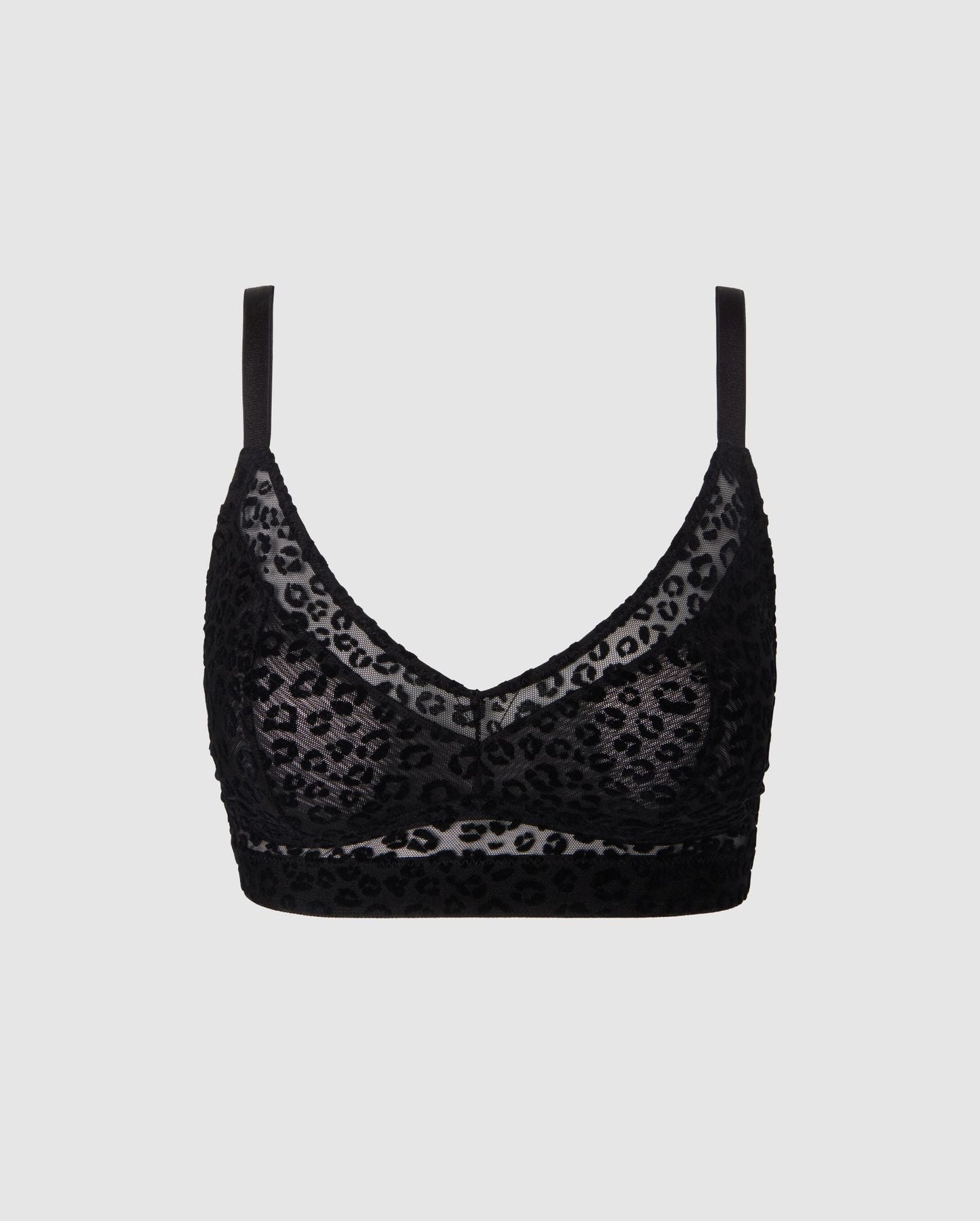 An mesh Bralette in an black leopard color for larger cups and adjustable straps for comfort.