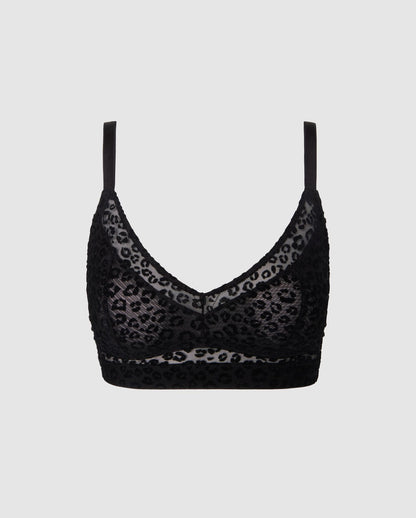 An mesh Bralette in an black leopard color for larger cups and adjustable straps for comfort.