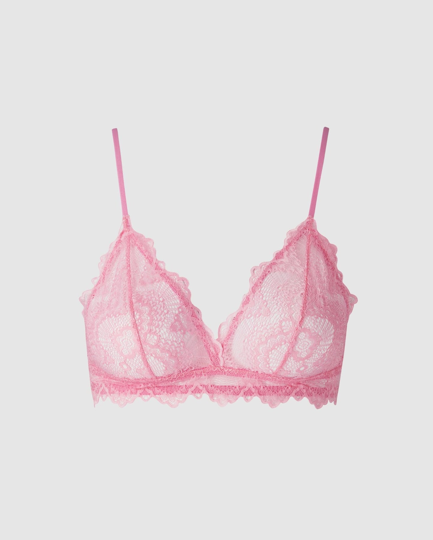 An lace triangle shaped bralette in the color candy pink.