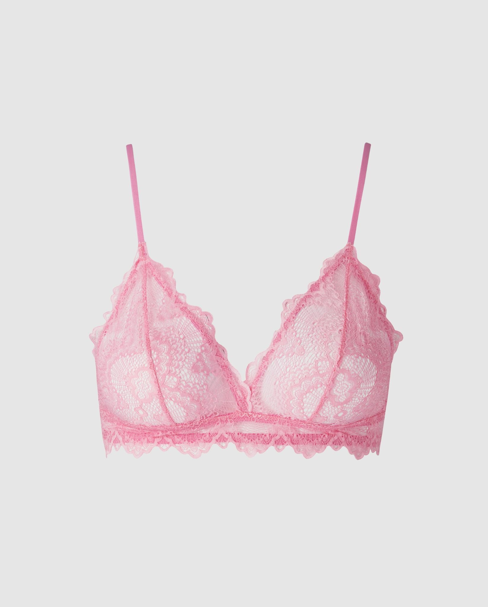 An lace triangle shaped bralette in the color candy pink.