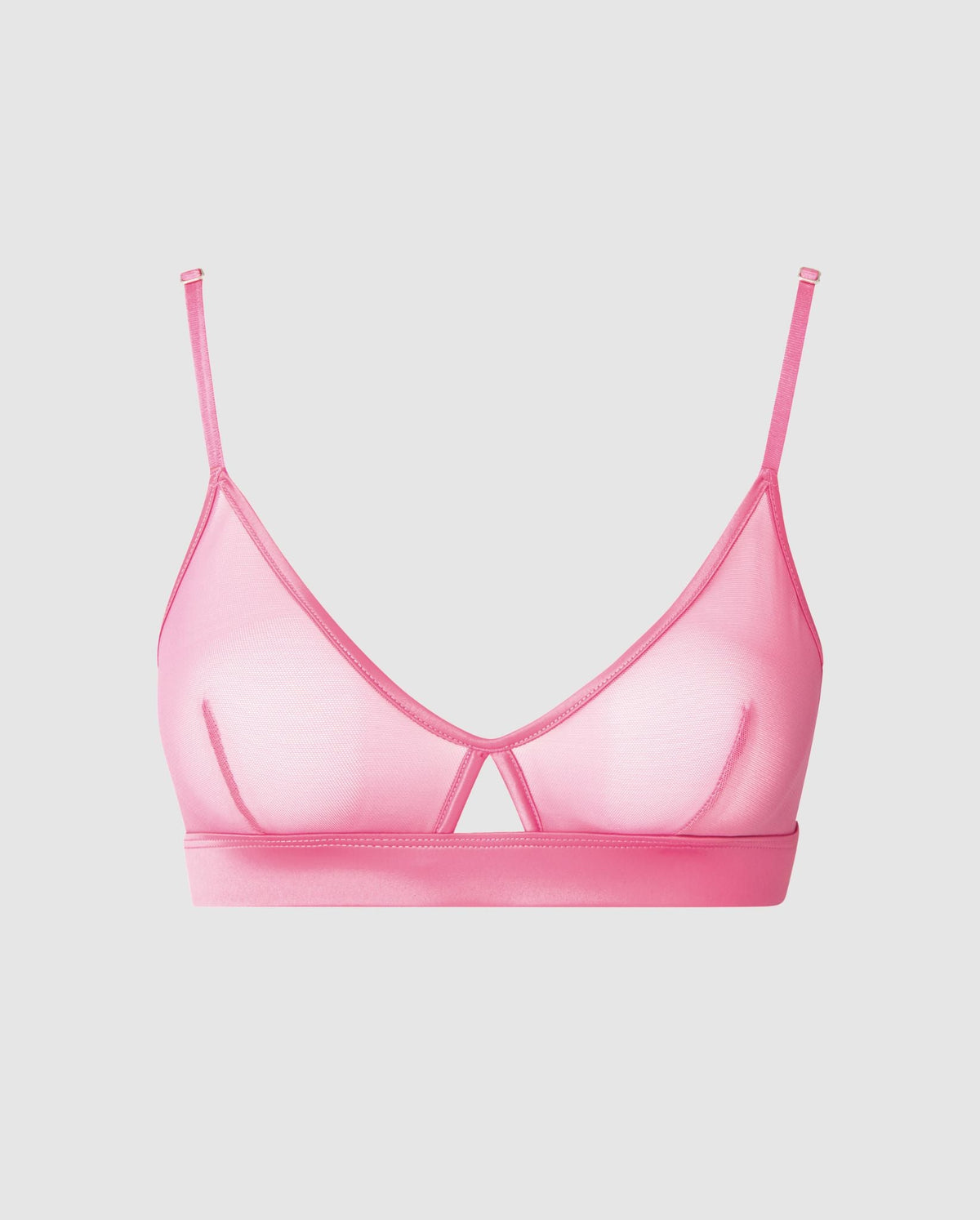 An candy pink, triangle shaped bralette in mesh with a cut-out design.