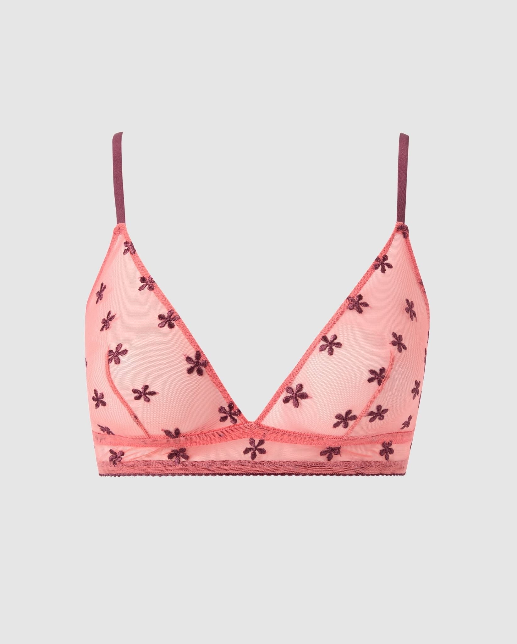 An mesh triangle bralette in a coral pink and cherry flower design.