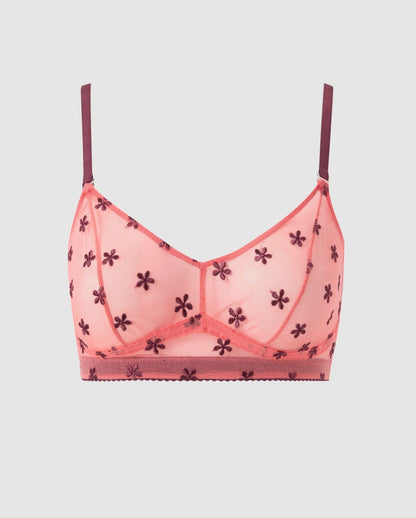 An mesh balconette in coral pink with cherry flower accessories.