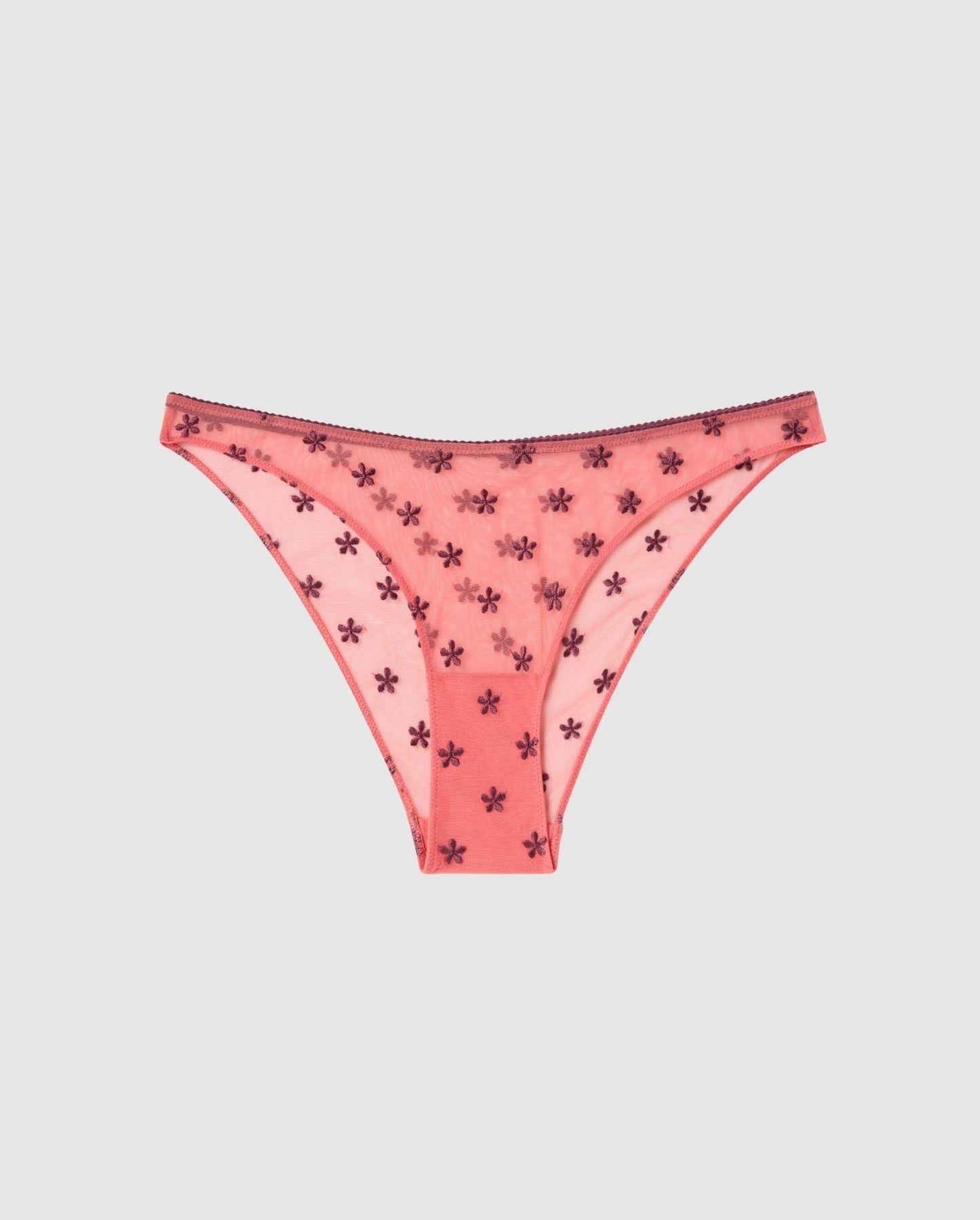 An mesh bikini brief in coral with cherry flower design.